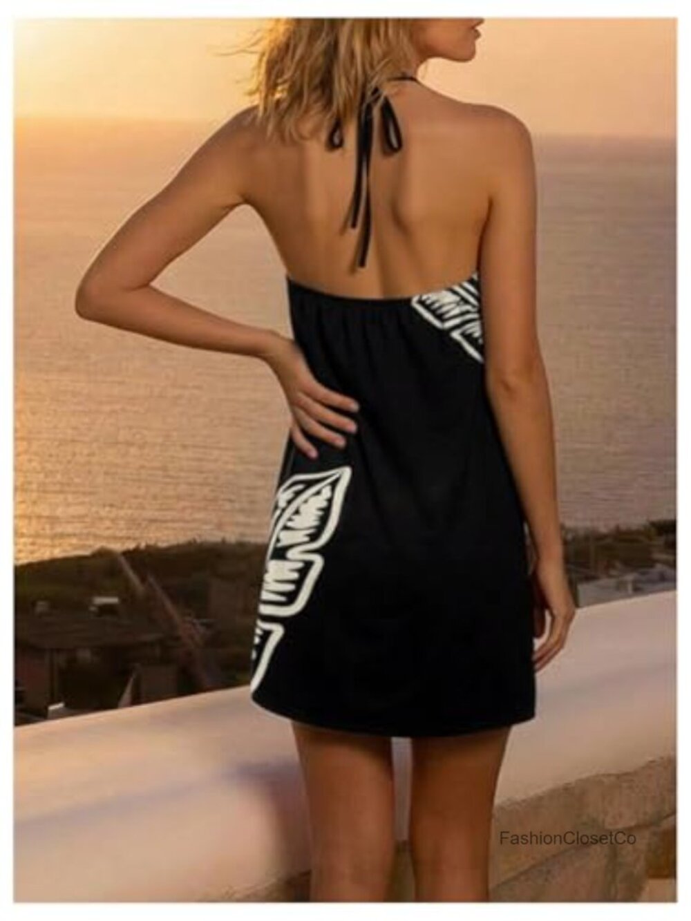 Boho Tropical Halter Mini Dress Tie Backless Summer Beach Vacation - Picture 3 of 5